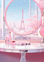 this mirror is displayed in a room with a big window, in the style of kawaii aesthetic, vignettes of paris, fujifilm eterna vivid 500t, coastal views, pink, photorealistic renderings, distinct stylistic range