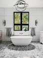 Example of a large trendy master mosaic tile floor, multicolored floor, double-sink and wall paneling bathroom design in San Francisco with flat-panel cabinets, quartz countertops, a hinged shower door, white countertops and a freestanding vanity