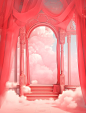 with pink curtains and a picture of clouds, in the style of medieval fantasy, confessional, mist, high-angle, fairycore, light red and silver, romantic scenery