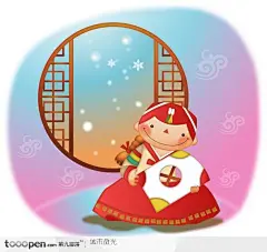 韩国儿童插画－窗户旁拿着风筝的韩服女孩