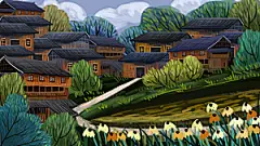 少数民族传统建筑房屋手绘海报插画