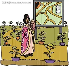 小路上穿着和服的手绘日本女子插画|地图|花盆|卡通画|日本女子|矢量素材|手绘|小路|穿和服日本女子|GEISHA日本女子头像|穿和服的日本女子|古代日本女子