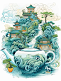 绝美茶壶·中国山水·创意绝佳·茶叶包装插画
