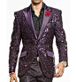 SKU#SM2054 Men's 2 Button Slim Fit Sequins Embroidery Purple Fashion B