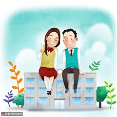 校园生活彩色手绘梦想起航水彩素材 人物插画 情侣插画