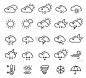 天气预报，气候轮廓图标设置孤立在白色。多云，晴，晴，雨。