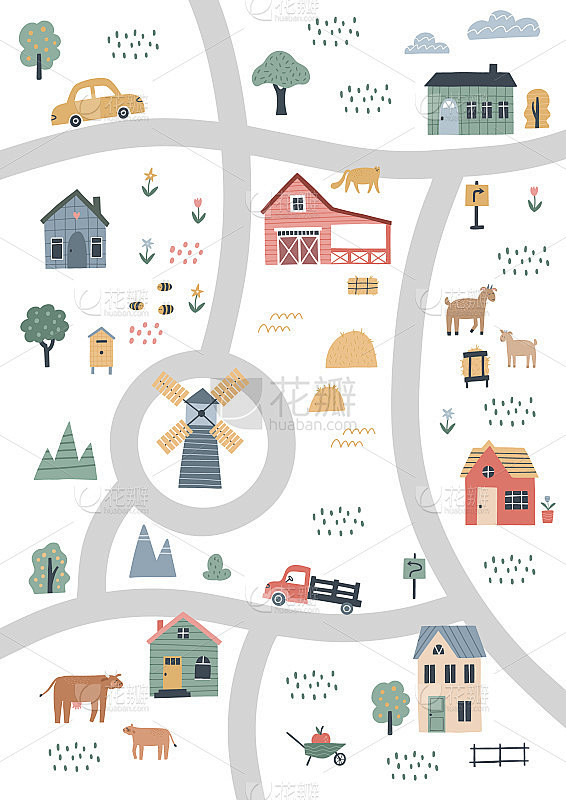 可爱的村庄地图，有房子和动物。手绘矢量插...