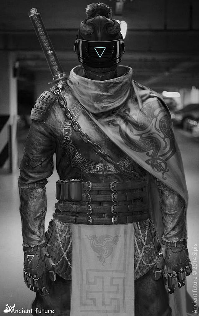 国人画师的未来日本武士：古典着装，科技头...