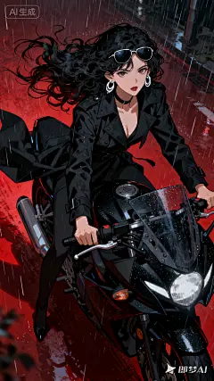 jimeng-2025-09-28-6603-黑暗风格插画，古早动漫风格，暗红色背景，华丽的画风，黑色长波浪卷发美艳女性，风吹