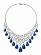 Harry Winston's gorgeous sapphire and diamond cascading necklace; 13 pear-cut sapphires, 146.71 carats; 225 brilliant-, marquise- and pear-cut diamonds, 42.49 carats. Platinum setting for the 2012 Biennale des Antiquaires.