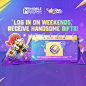 Photo by Mobile Legends: Bang Bang on May 11, 2024. May be a video game screenshot of video games, card, poster and text that says 'LEGENDS LEGENDS MOBILE BANG BANG PANK+ PARTY 'LOG IN ON WEEKENDS' RECEIVE HANDSOME GIFTS! 05/11 05/12 x10 LOG LOGINTOGETRAN
