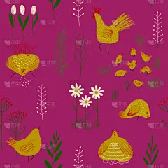 四方连续纹样,鸡,可爱的,华丽的,纺织品,母鸡,壁纸,动物,鸟类,春天