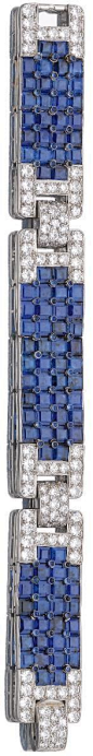 Sapphire and diamond bracelet, Cartier, circa 1930. The three calibré-cut and cabochon sapphire panels alternating with stylised buckle motifs pavé-set with brilliant- and circular-cut diamonds, mounted in platinum, length approximately 162mm, signed Cart