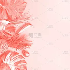 创造性的布局。金色菠萝和金色棕榈，怪物在时髦的珊瑚色背景与复制空间。前视图。热带平。异域美食概念，疯