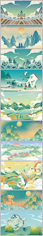 中国风国潮风长城仙鹤山水画云纹凤凰海报国风插画AI矢量设计素材-淘宝网