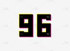 数字96矢量设计标志。动态，分裂颜色，数字的阴影粉红色和黄色的白色背景。社交媒体、设计元素、创意海报