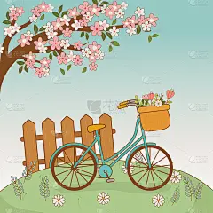 带花篮和篱笆的自行车在风景中