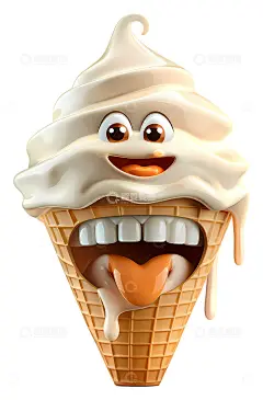 快乐的香草冰淇淋甜筒3D插画png素材