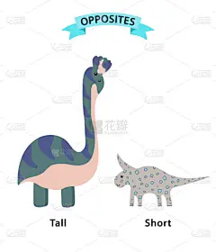 用于高、短反义词和对立面的写字符。动画片字符例证在白色背景。教学辅助卡, 外语学习课。向量例证