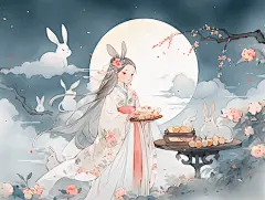 中秋节嫦娥玉兔月下嫦娥手捧月饼插图卡通唯美水彩手绘可爱古风插画壁纸