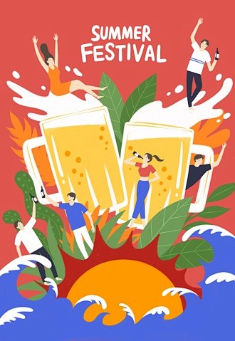啤酒夏日夜晚狂欢派对聚会夏季旅行插画