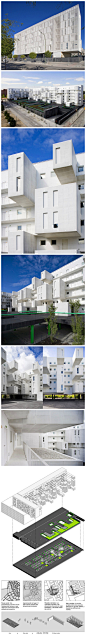 GN栖城：#GN分享#西班牙马德里Carabanchel住宅，由Dosmasuno Arquitectos事务所设计。该集合住宅除结构是钢筋混凝土外，其他如墙面、隔板、衣柜等部件均以模块体系进行工业化生产。建筑师将人行天桥架在停车场上，并通过部分居住单元的整体悬挑产生动人的节奏。@設計物語LAI@求是设计会@建筑设计赏@建筑在线