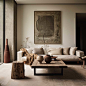 The photo illustrates a room in a home designed following the Wabi Sabi philosophy, featuring natural, imperfect textures and a muted color palette.