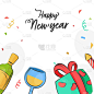 新年快乐字体与五彩纸带，香槟瓶，饮料玻璃，礼品盒和烟花火箭在白色的背景。