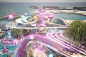 an artist's rendering of a futuristic city next to the ocean with bright lights