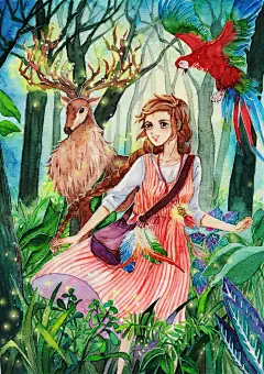 丛林女孩 #Hazel#手绘水彩 -手绘插画 水彩 人物