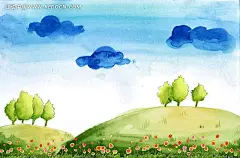 山丘上的树木插画PSD分层素材|白云|插画|春天|风景|韩国|花草|花丛|绘本|季节|卡通|可爱|蓝天|梦幻|墨点|墨迹笔刷|墨迹素材|山丘|手绘|手绘风格插画背景素材|树木|水彩|水墨|渲染|艺术