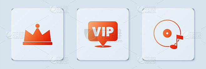 设置位置Vip，皇冠和黑胶盘。白色正方形按钮。向量