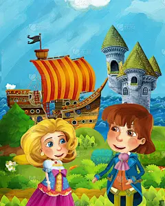 卡通森林场景，公主站在靠近森林和海岸的小路上，海盗船停靠隐藏