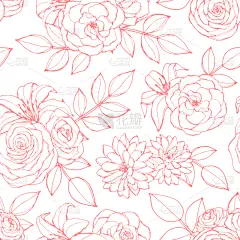 牡丹,四方连续纹样,玫瑰,百合花,草图,茶花,夏天,春天,轮廓,花