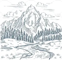 山河雕刻。户外旅游，山地探险和蛇河复古手绘景观矢量插图