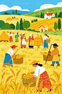 秋季丰收节农民丰收场景插画