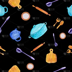 厨房工具手绘水彩插图