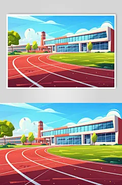 AI数字艺术扁平风校园球场操场插画-众图网