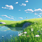 a field full of green grass and flowers and water, in the style of digital illustration, realistic blue skies, cartoonish elements, photorealistic renderings, minimalistic serenity, illustration, 8k resolution