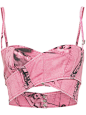 pink stretch-cotton denim abstract pattern print crossover strap detail cut-out detailing silver-tone logo plaque sweetheart neck rear press-stud fastening spaghetti straps cropped