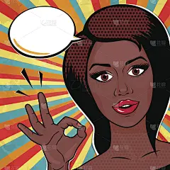 矢量流行艺术非裔美国妇女显示OK标志和微笑