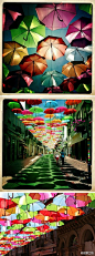 葡萄牙的Águeda小镇，每逢夏季，就有各种色彩的雨伞装饰街道，即遮阳又艺术，走在这样的街道，是不是有一种置身童话世界中的感觉呢？