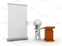 3D人物公共演讲者与卷起来海报