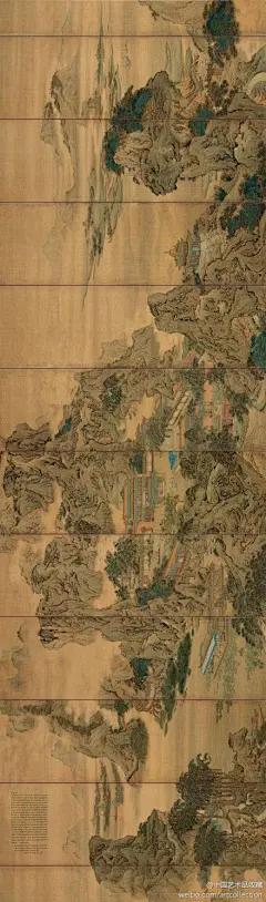 #界画#【 清 袁江 《阿房宫图》 】屏，绢本设色，194.5×60.5cm×12，北京故宫博物馆藏。 此幅以秦始皇三十五年（公元前212年）兴建的阿房宫为题。画家凭借自己精深的古建知识和丰富的想象力使一组组已经逝去的带有神秘色彩的建筑得以再现。此图充分利用画面的宽度与广度，将华贵绮丽的画风发展到极致。@北坤人素材