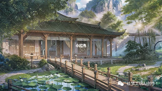 【绘梦工坊】AI绘画古风室外场景《逸庭》-花瓣网