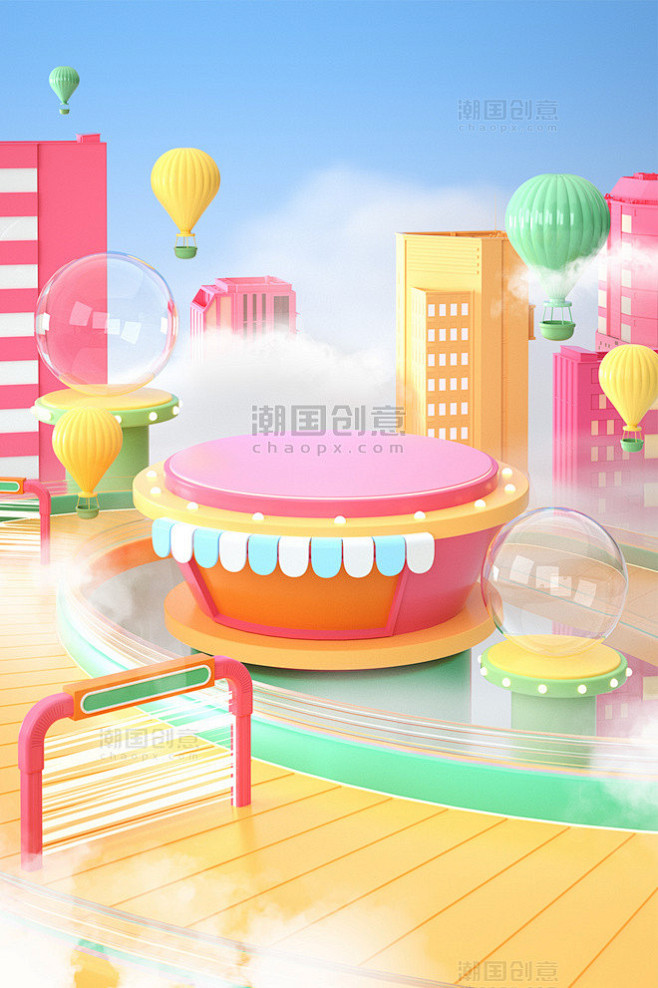 六一儿童节卡通3d通道隧道场景展台图片潮国创意
