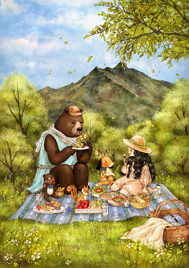 郊外的野餐，开心的春游 ~ 来自韩国插画...