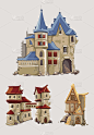 中世纪城堡和建筑向量设置在卡通风格