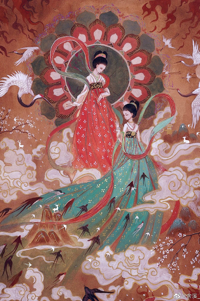 山海經娥皇女英：大荒之中，有不庭之山，榮水窮焉。有人三身，帝俊妻娥皇，生此三身之國，姚姓，黍食，使四鳥。有淵四方，四隅皆達，北屬黑水，南屬大