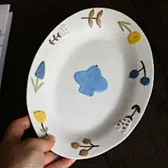 W1962日本设计款手作手绘立体花卉蓝鸟椭圆哑光盘/日式餐盘甜品盘-淘宝网